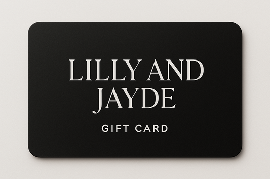 black gift card with LILLY AND JAYDE in white